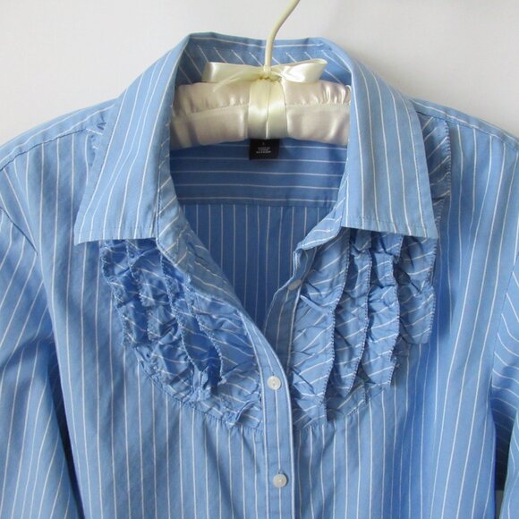 Gap blue white striped ruffled long sleeve button front blouse *Sz L* - Picture 2 of 5